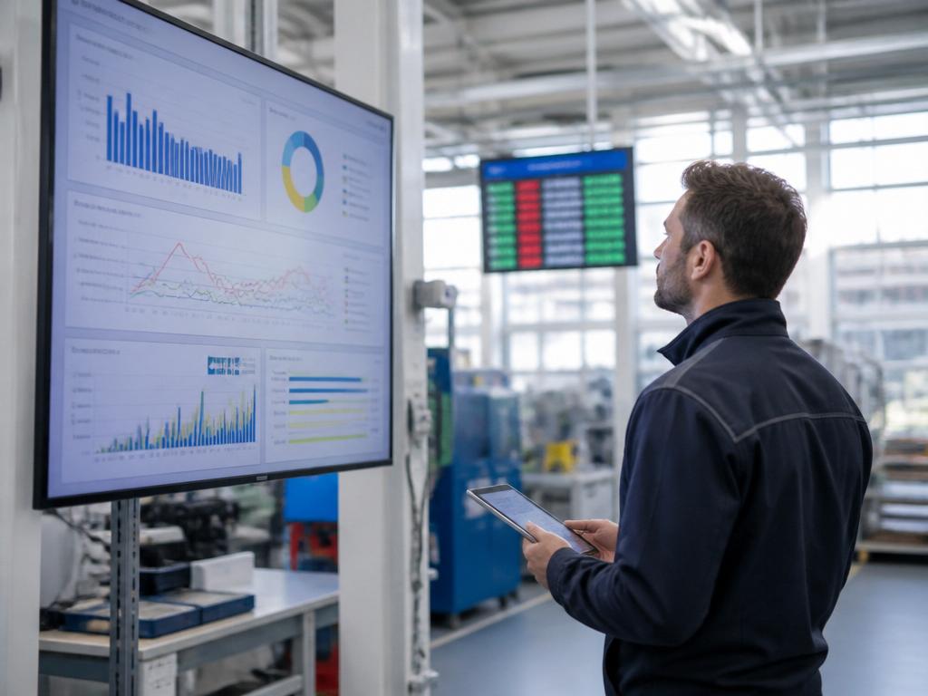 Manufacturing engineer reviewing a KPI dashboard on a large screen